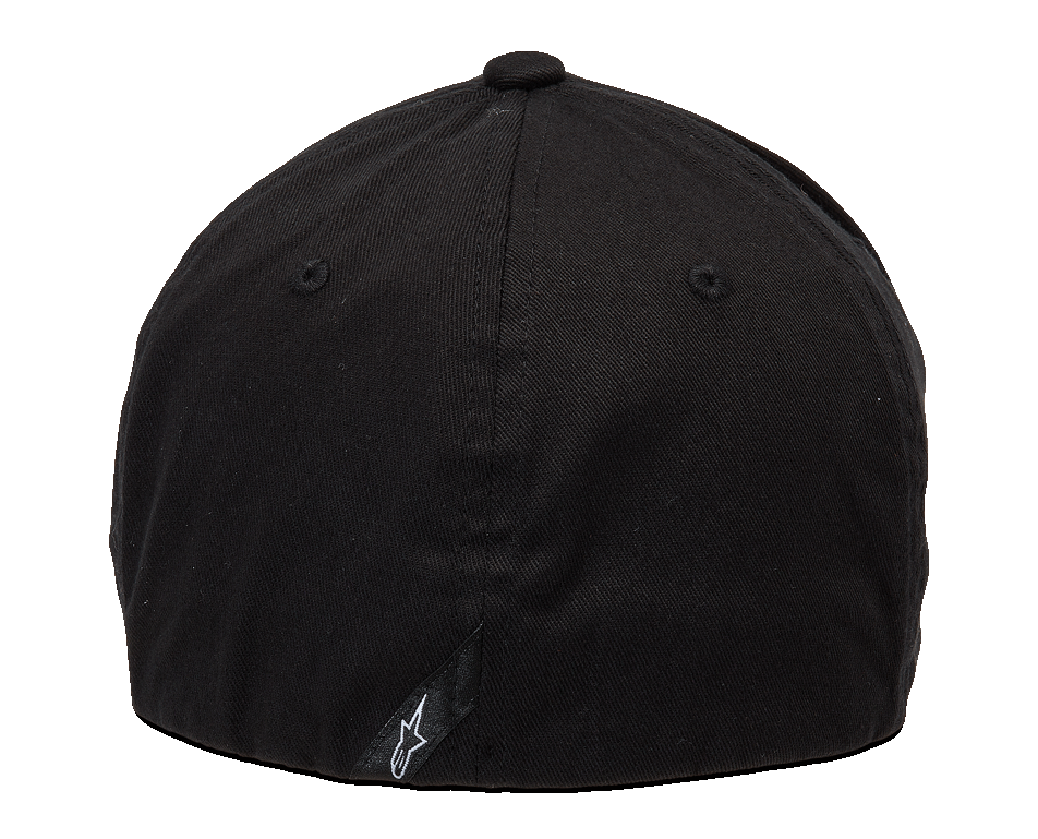 Alpinestars Ageless Curve Hat, Black sportswear cap, rear view showing flex back design, small black label with white logo at the back, twill fabric construction