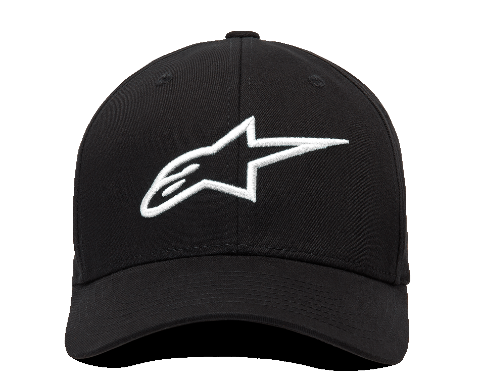 Alpinestars Ageless Curve Hat, Front View, Black Twill Fabric with 3D Embroidered White Alpinestars Logo, Curved Brim Baseball Cap, Casual Sportswear Style