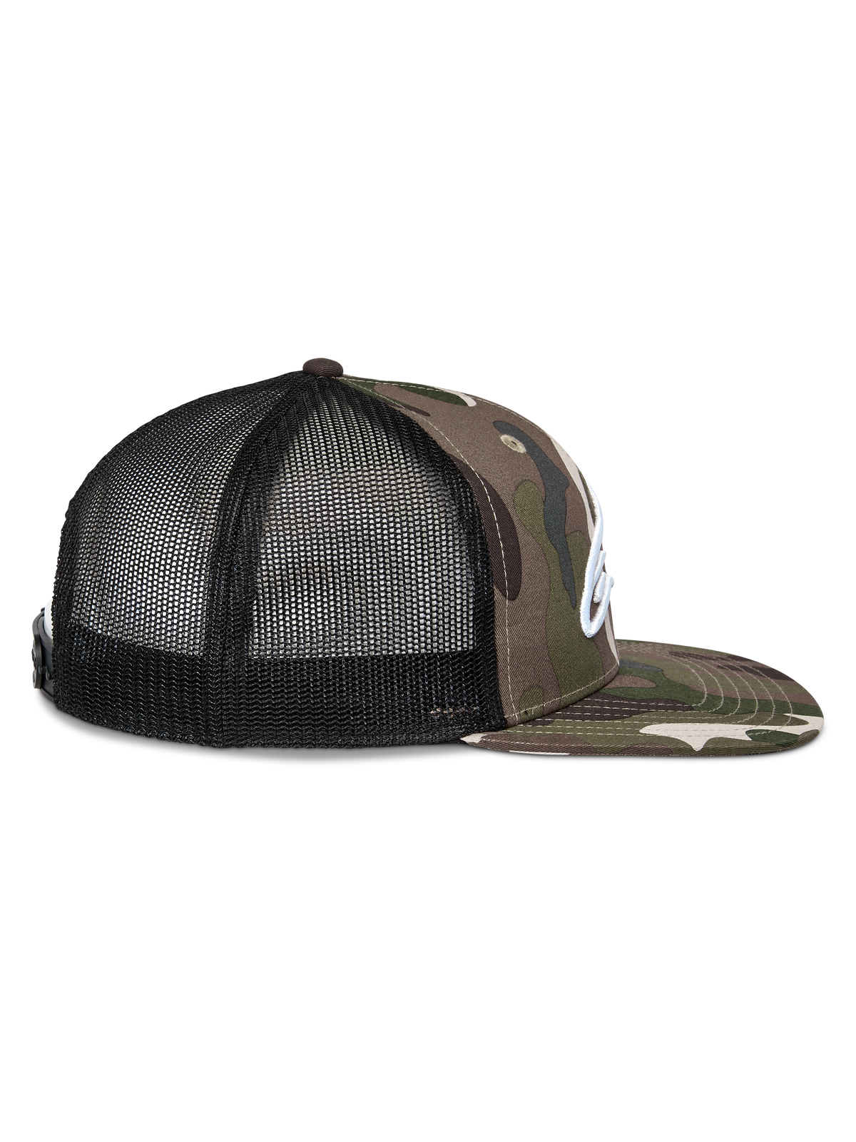 Alpinestars Corp Trucker Hat, side view, Green Camo and Black, flat bill with camo print, black mesh back panels, white embroidered logo, casual motorsport headwear