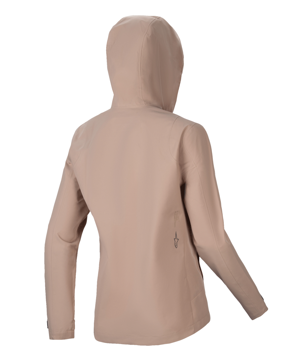 Alpinestars Stella A-Dura Rain Jacket, Women's Cycling Rain Jacket, Light Brown, back view featuring the hood and a clean silhouette, subtle black logo detail on the lower back, waterproof 2.5-layer technical construction for MTB
