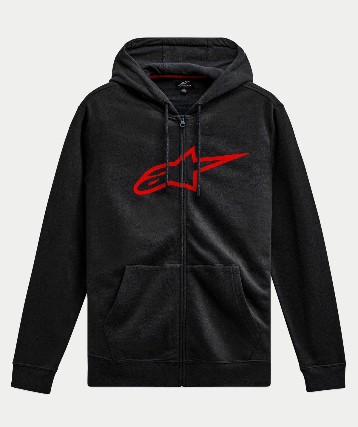 Alpinestars Ageless Zip V3 Hoodie, casual streetwear, black with large red Alpinestars logo on the chest, full-zip front, drawstring hood, long sleeves, ribbed cuffs and hem