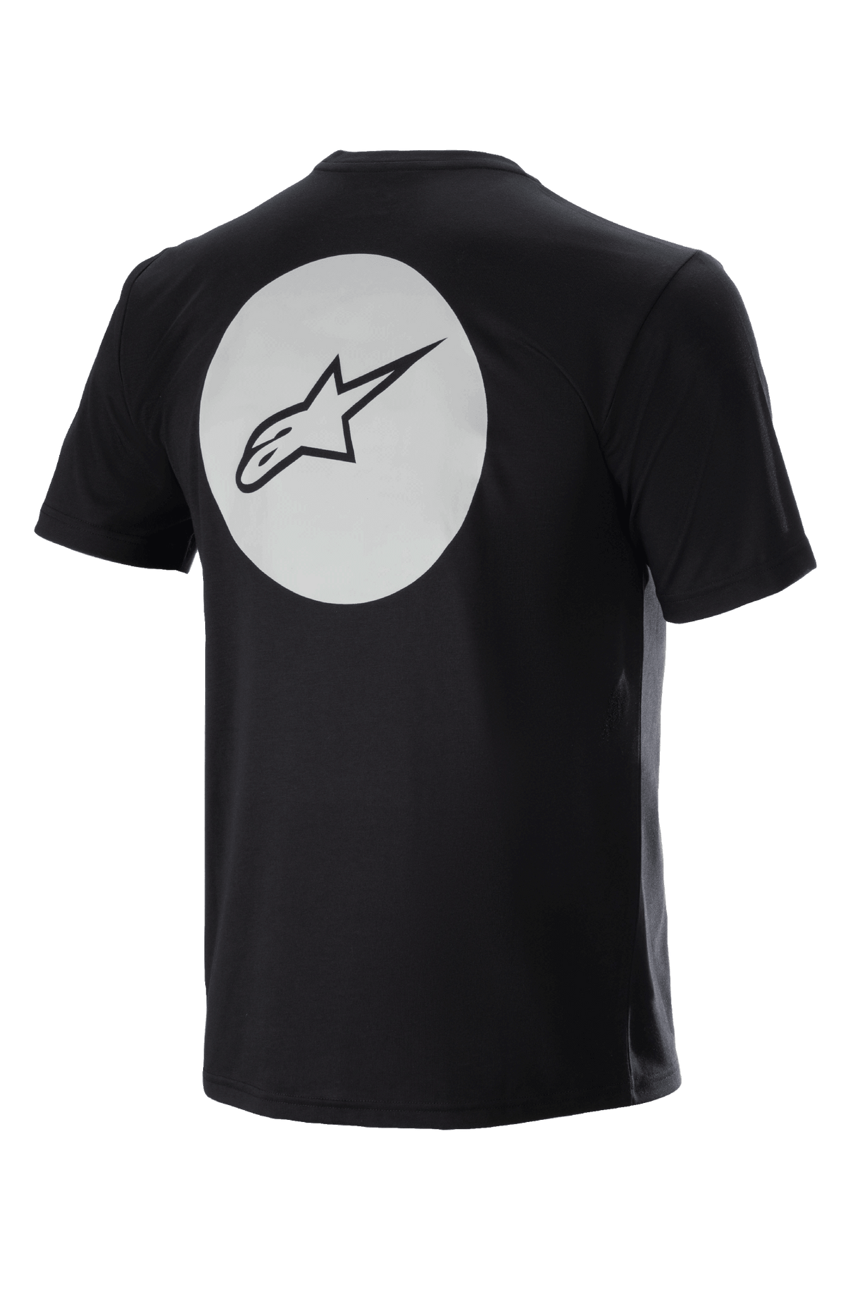 Alpinestars Dot Tech Tee, Short Sleeve Cycling Jersey, Black, Back View with Large White Circle and Black A-star Logo, DriRelease moisture-wicking fabric for Mountain Biking