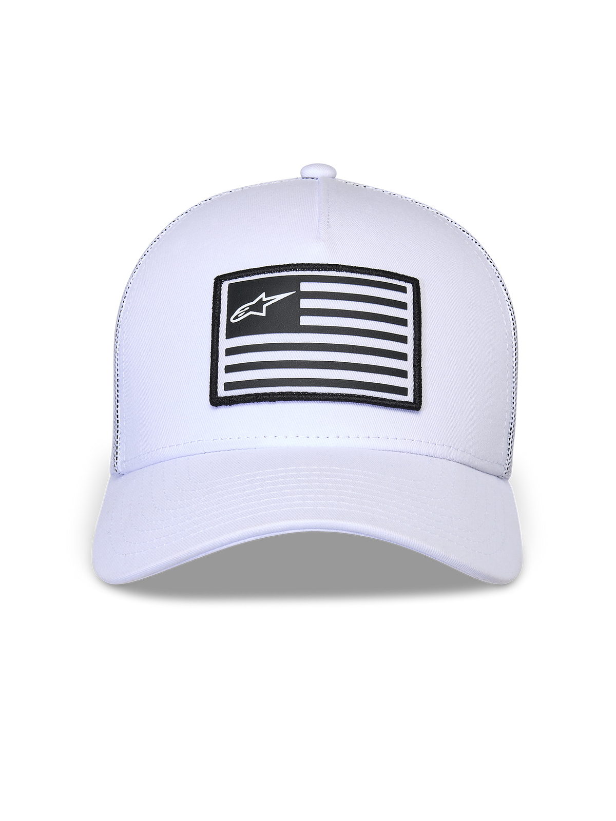 Alpinestars Flag Snapback Hat, White, structured crown with curved bill, front black and white rectangular patch with Alpinestars logo, casual motorsport-inspired headwear