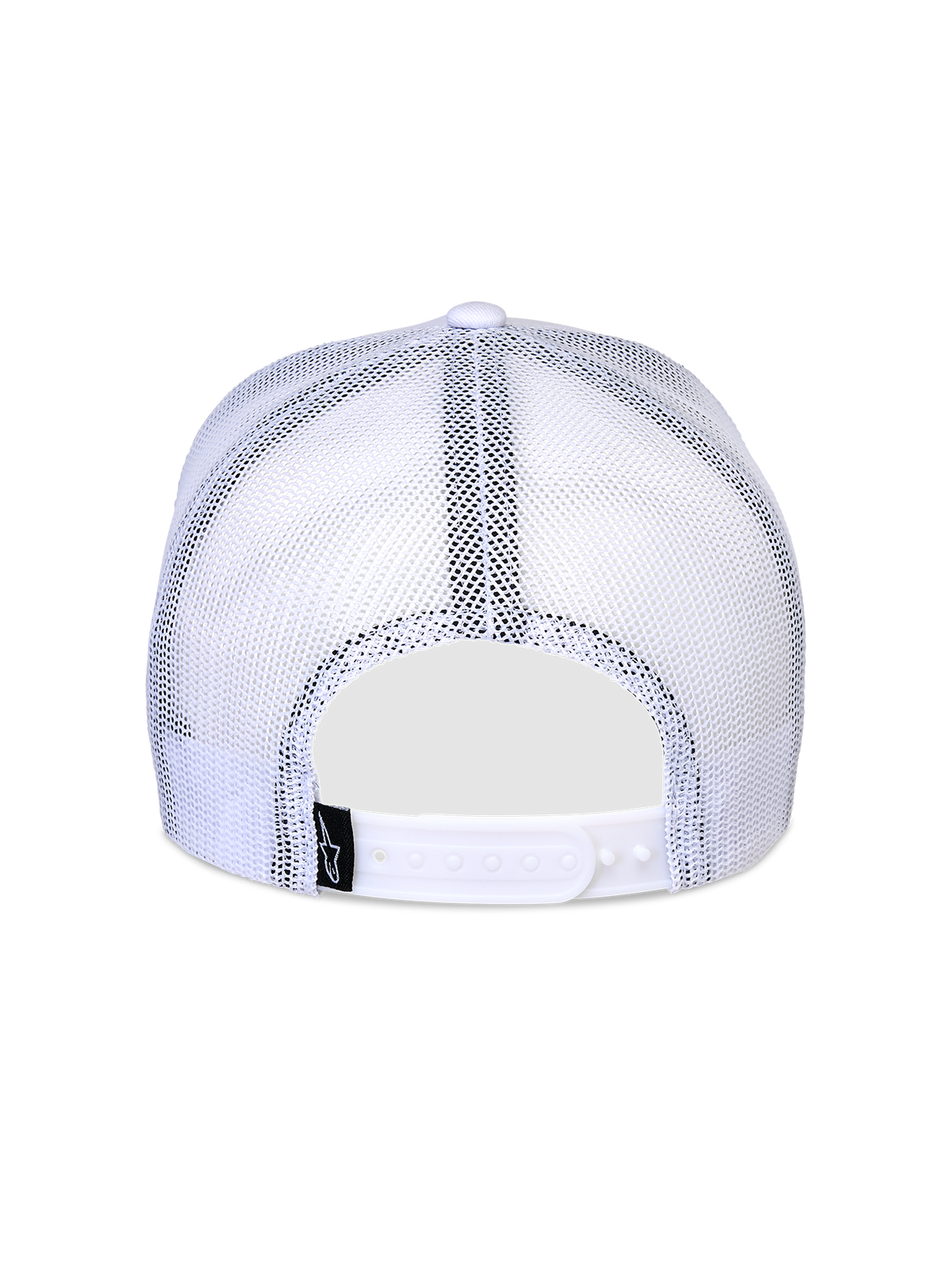 Alpinestars Flag Snapback Hat, White, back view featuring breathable white mesh panels, adjustable snapback closure, and small black logo tag, classic trucker hat design.