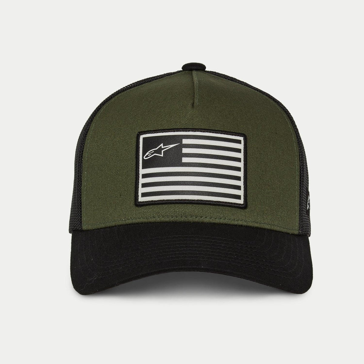 Alpinestars Flag Snapback Hat in Military Black, featuring a frontal view of the olive green structured crown, black curved bill, and black mesh back with a central black and white flag patch featuring the Alpinestars logo.