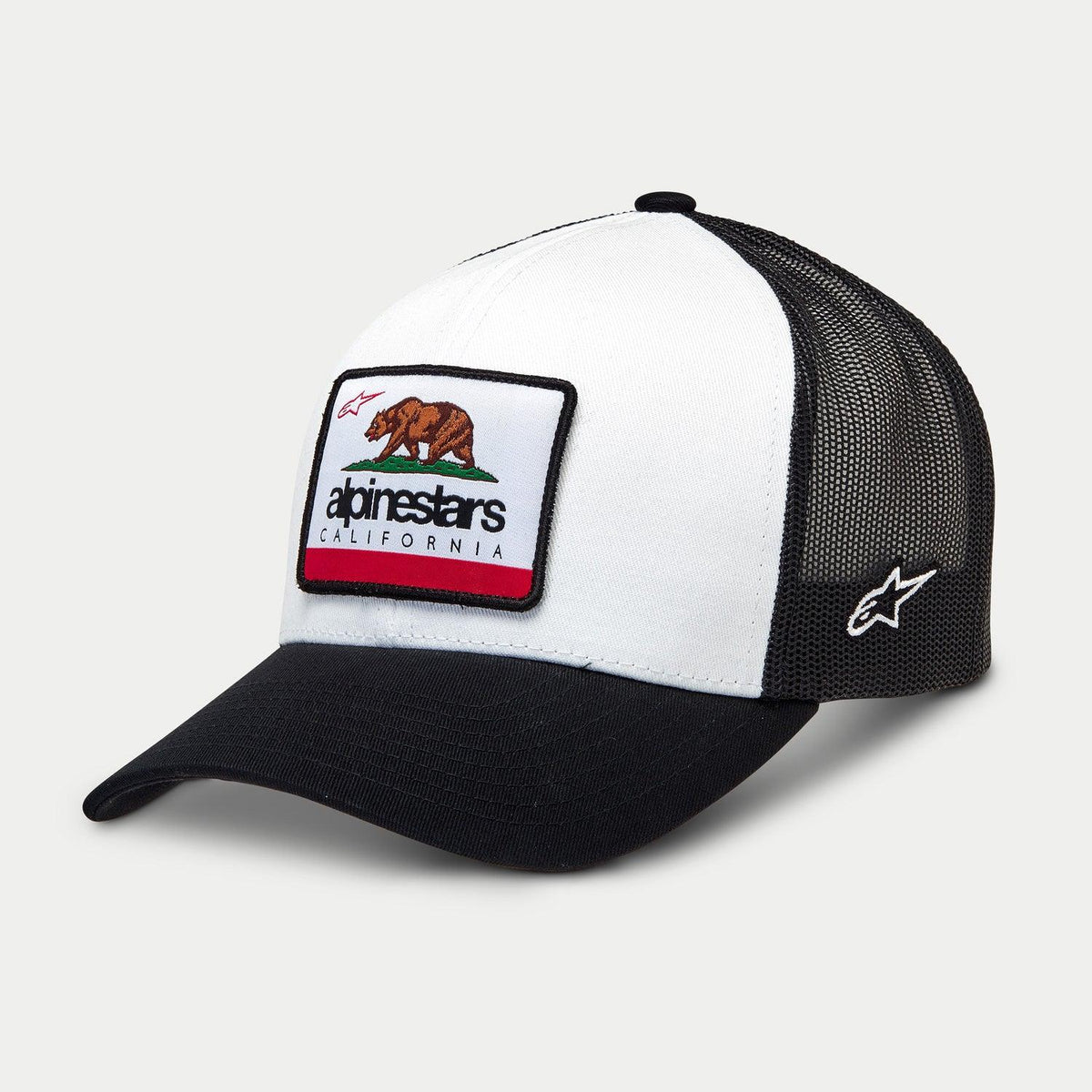 Alpinestars Cali 2.0 Hat, Trucker Hat, White and Black, featuring a woven California bear patch with Alpinestars branding, structured crown, black curved bill and mesh back, casual motorsport headwear