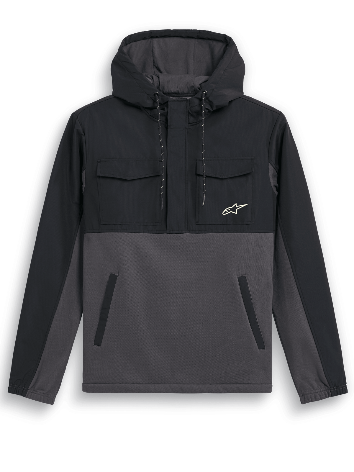 Alpinestars Juncture Hybrid Jacket, Anorak Hoodie, Black Gunmetal, mixed material design with ripstop overlay on yoke and hood, canvas fleece body, chest flap pockets, lower welt pockets, small white star logo, casual motorsport-inspired jacket