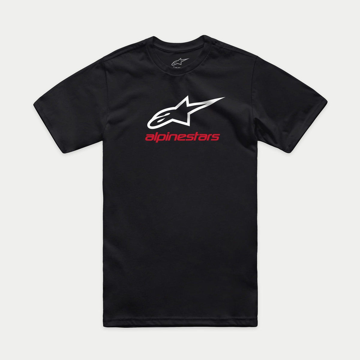 Alpinestars Always 2.0 CSF Tee, Short Sleeve T-Shirt, Black, White Star Logo with Red Alpinestars Text, Casual Motorsport Streetwear
