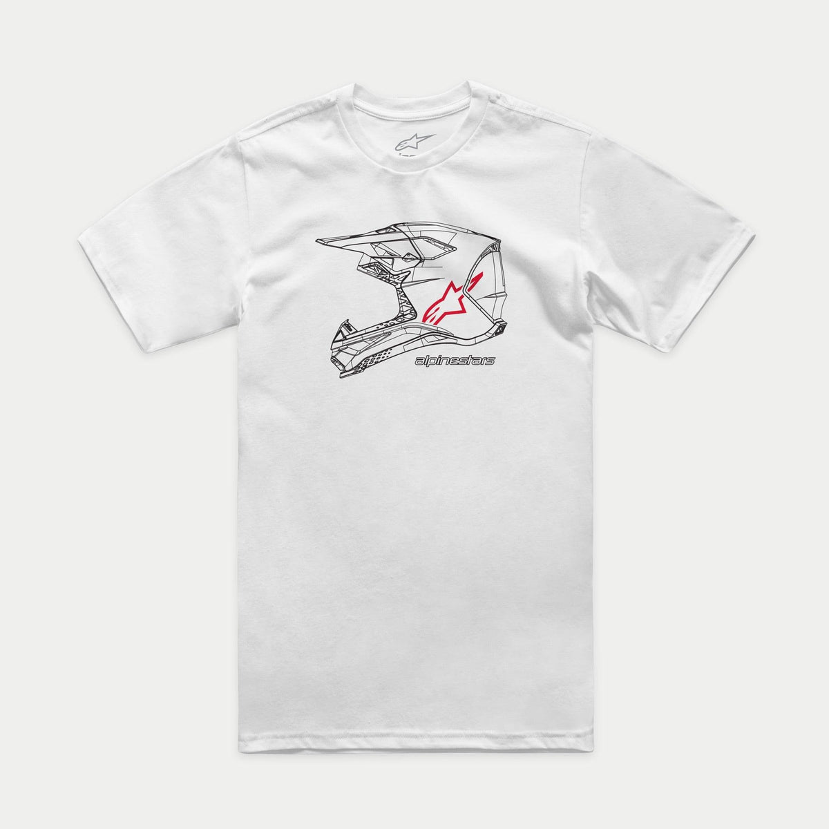 Alpinestars MX Helmet CSF Tee, Short Sleeve T-Shirt, White, Front Black Motocross Helmet Graphic with Red Star Logo and Alpinestars Wordmark, Casual Motorsport-Inspired Sportswear
