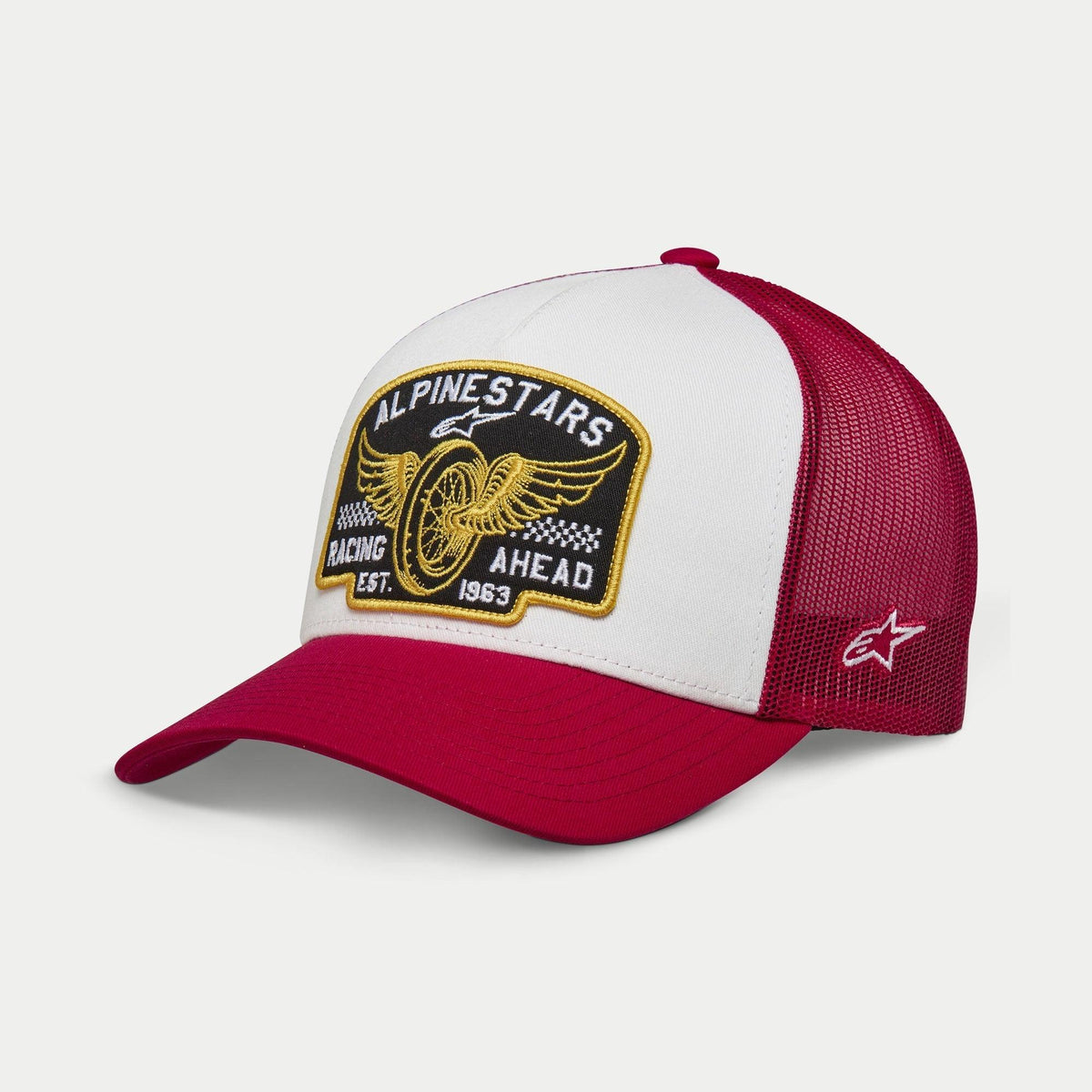 Alpinestars Heritage Patch Trucker Hat, White and Red, structured white front panel with large Alpinestars Racing Ahead embroidered patch, red curved bill and mesh back, side star logo, casual lifestyle headwear