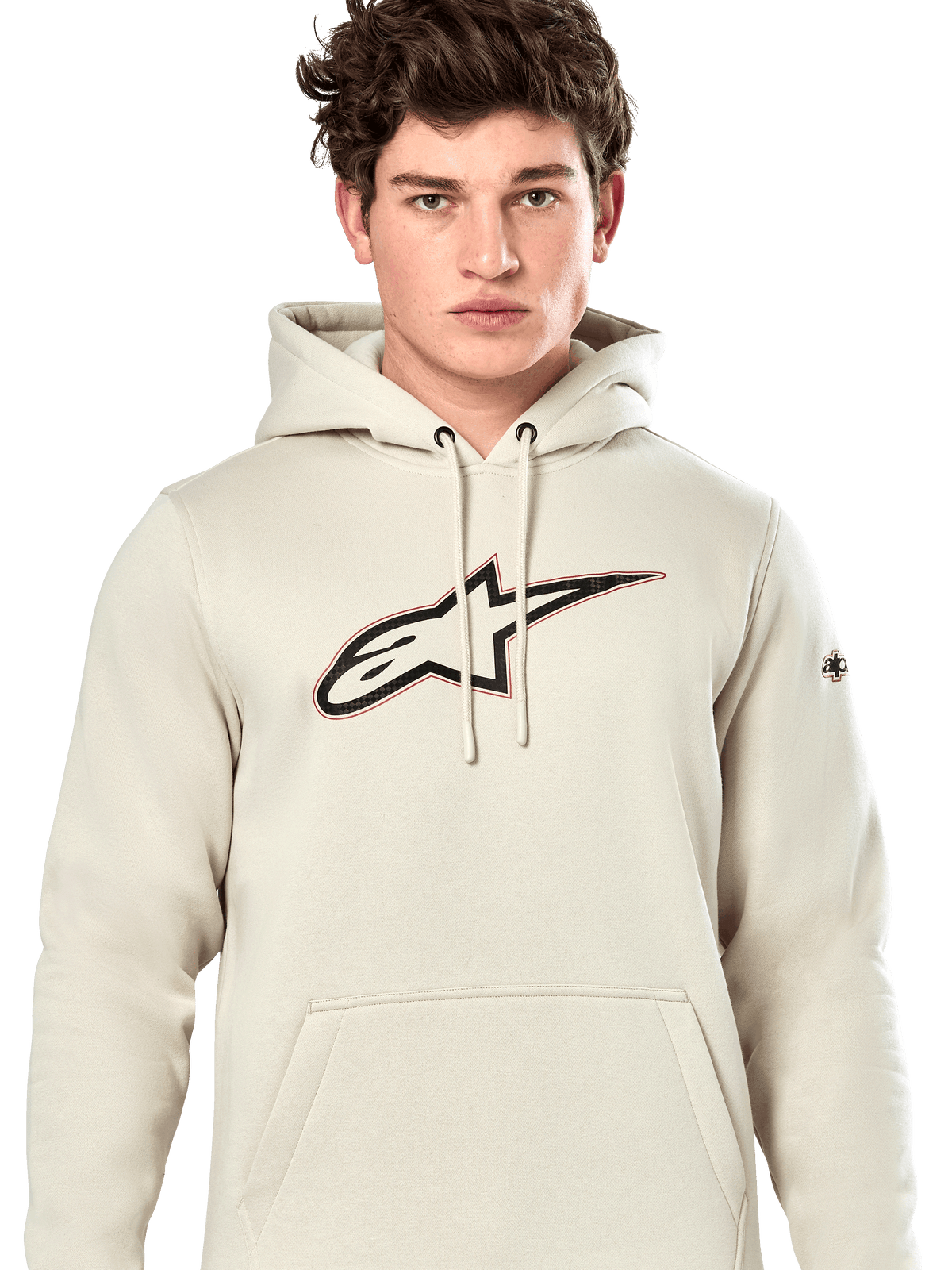 Alpinestars Insignia Hoodie, casual pullover sweatshirt, Off White with carbon fiber look logo on chest, red outline detail, drawstring hood and kangaroo pocket, worn by model, motorsport-inspired design