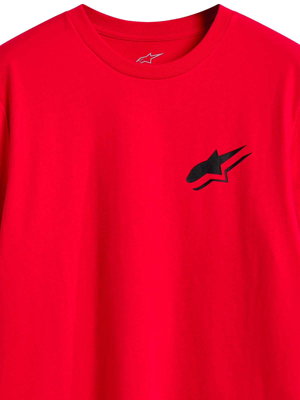 Alpinestars Formulate CSF Tee, Short Sleeve T-Shirt, Red, black Astars chest logo, close-up view of neckline and front graphic, casual lifestyle apparel