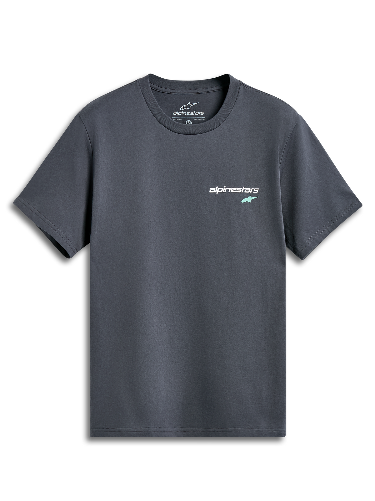 Alpinestars No Barrier CSF Tee, Short Sleeve T-Shirt, Charcoal Grey, Small white text logo with mint green star on the chest, Casual motorsport-inspired streetwear