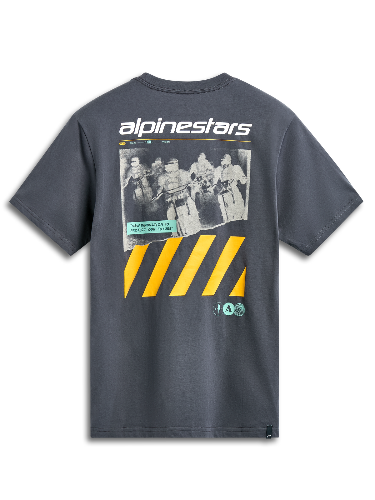 Alpinestars No Barrier CSF Tee, Short Sleeve T-Shirt, Charcoal, large graphic featuring a distressed motocross photo, white Alpinestars branding, and bold yellow diagonal stripes, casual motorsport streetwear