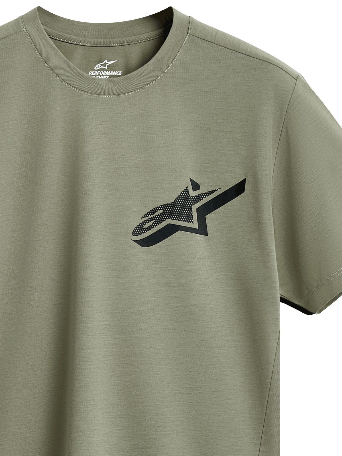 Alpinestars Attrition Performance Tee, Short Sleeve T-Shirt, Light Green, Black Astars Logo with textured pattern on chest, sustainable moisture-wicking performance fabric