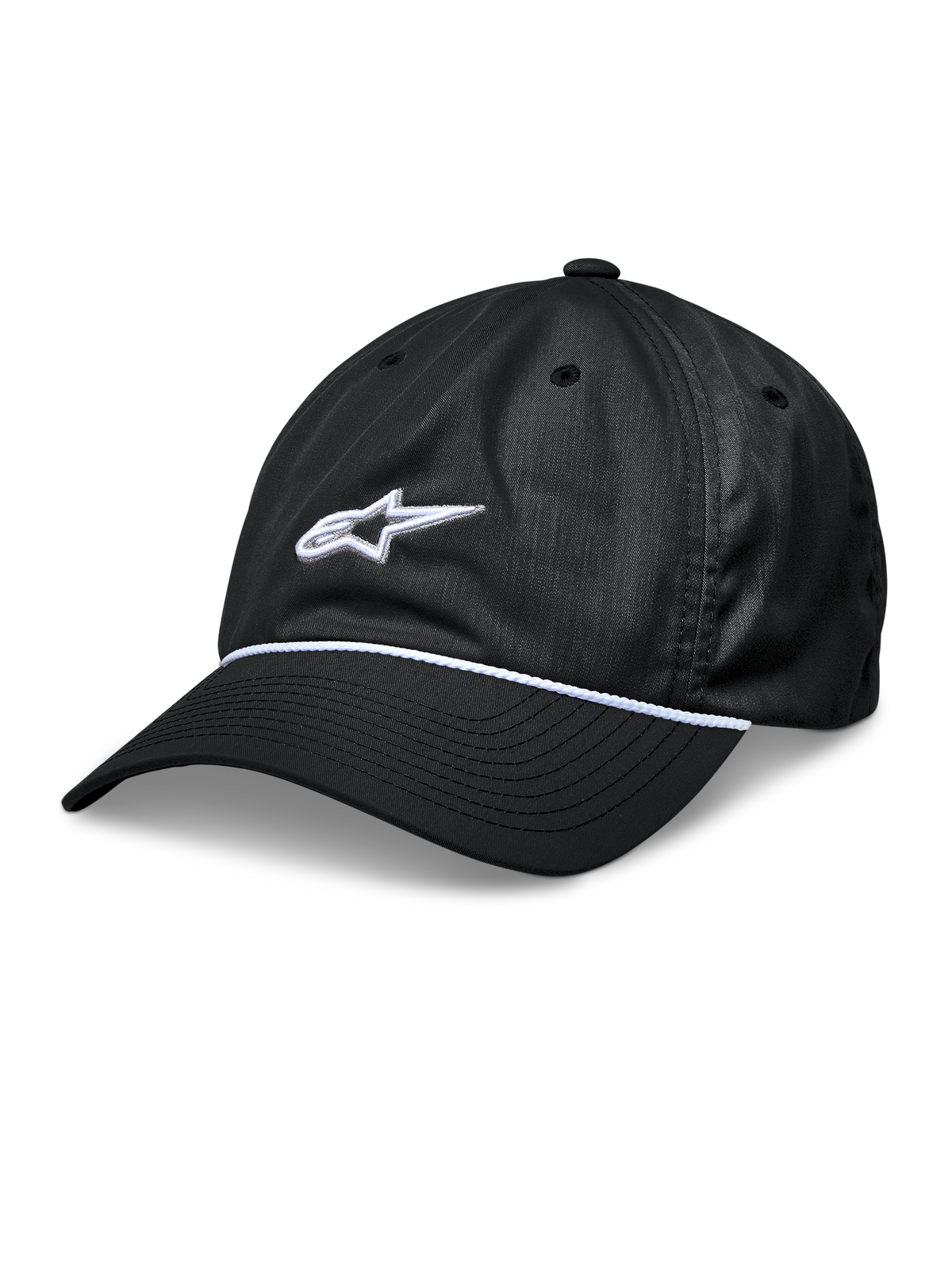 Alpinestars Tyler Hat, Black Snapback Baseball Cap, Curved Bill with White Braided Rope Trim, White 3D Embroidered Star Logo, Unstructured Low Crown, Casual Sportswear Headwear