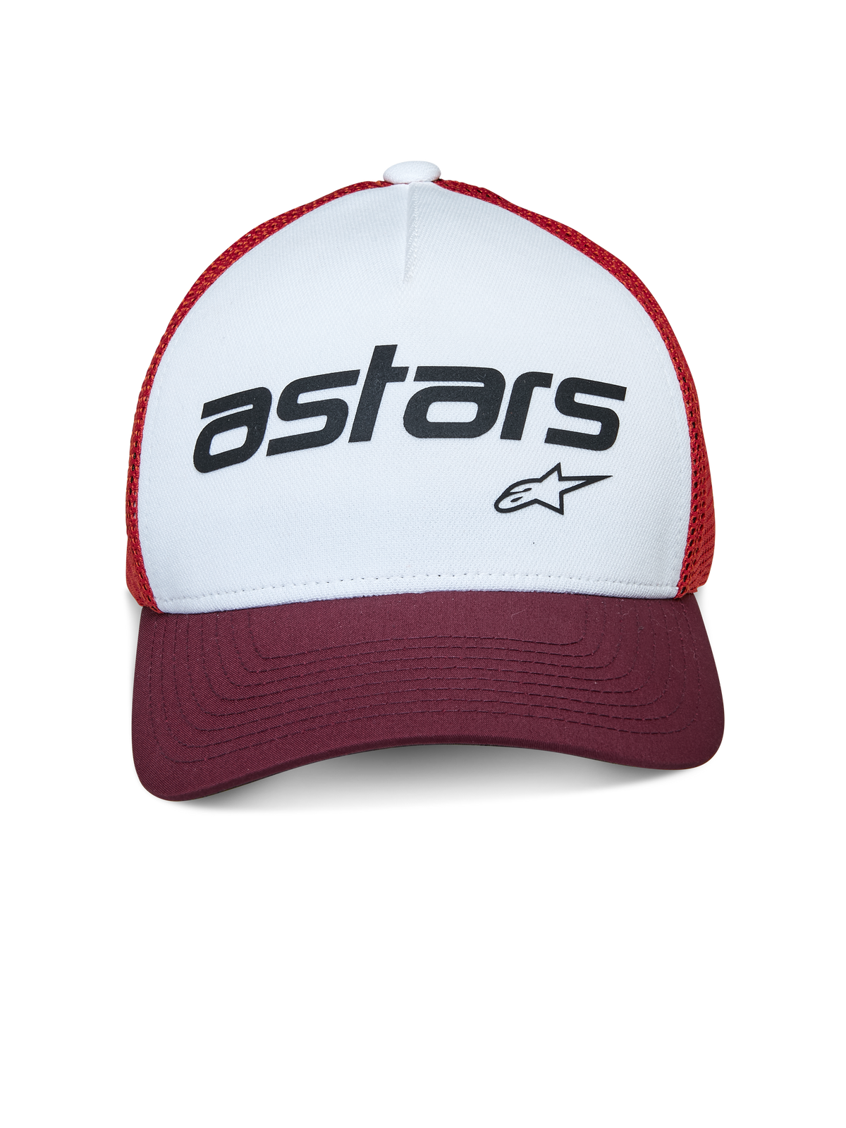 Alpinestars Vital Trucker Hat, Trucker Cap, White Maroon and Orange, featuring a white front panel with black 'astars' branding, maroon curved bill, and orange mesh, casual motorsport-inspired headwear