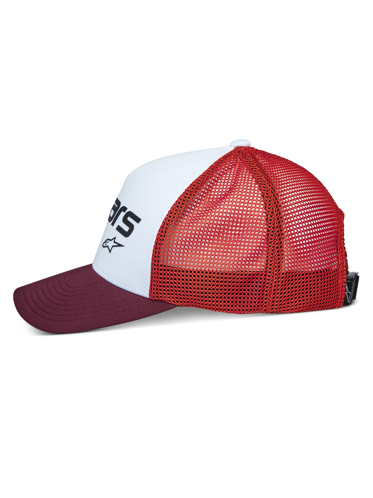 Alpinestars Vital Trucker Hat, side view, white structured front panel with black logo, maroon curved bill, orange mesh back, casual sportswear headwear