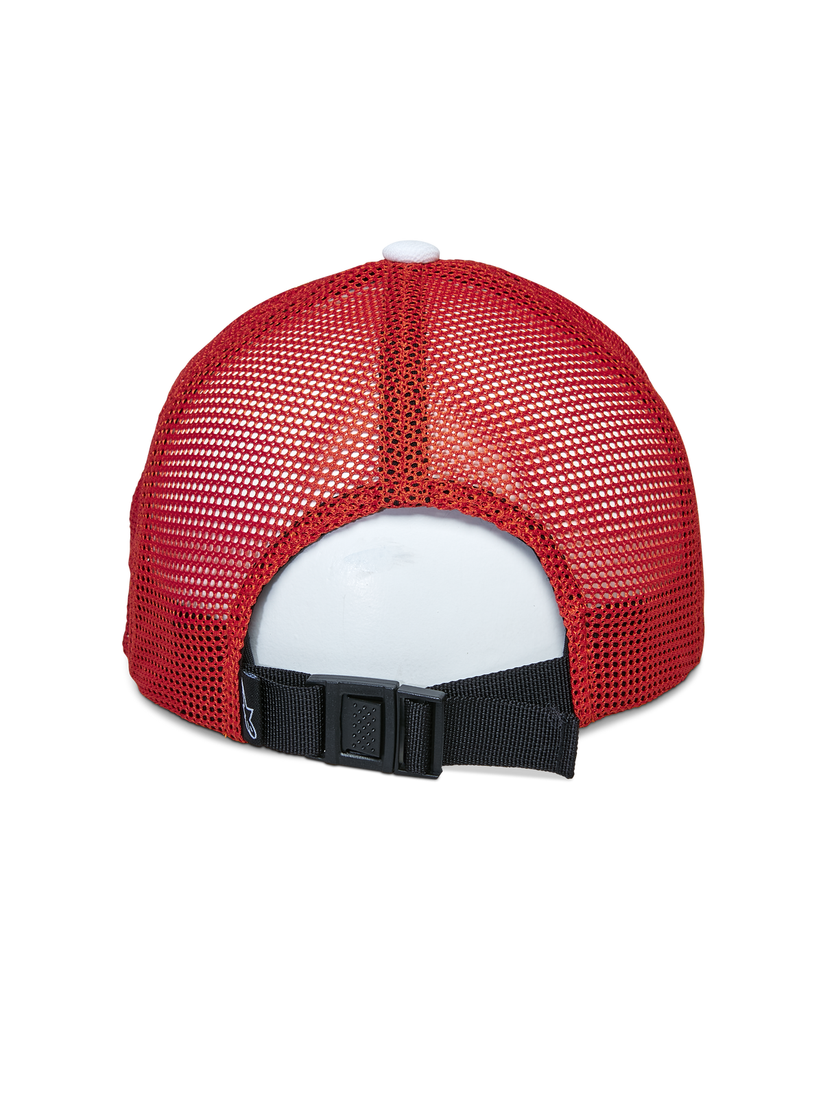 Alpinestars Vital Trucker Hat, back view, White Maroon Orange, featuring red mesh panels and a black adjustable buckle-back closure, casual sportswear headwear