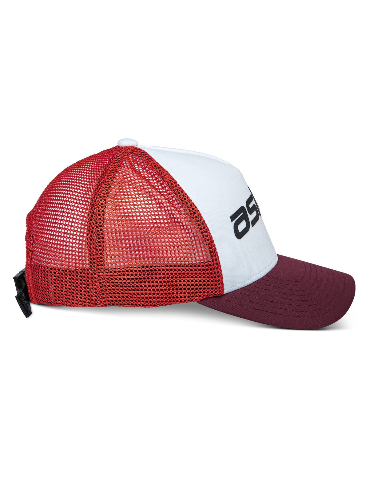Alpinestars Vital Trucker Hat, casual trucker cap, White Maroon Orange, side profile view featuring a curved bill and mesh back, adjustable buckle closure, structured crown with black logo