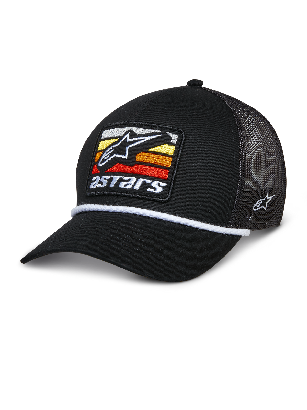 Alpinestars Selica Trucker Hat, black mesh-back cap with a curved brim, featuring a front patch with yellow, orange, and red horizontal stripes, white braided rope trim, and side embroidery, casual motorsport-inspired headwear