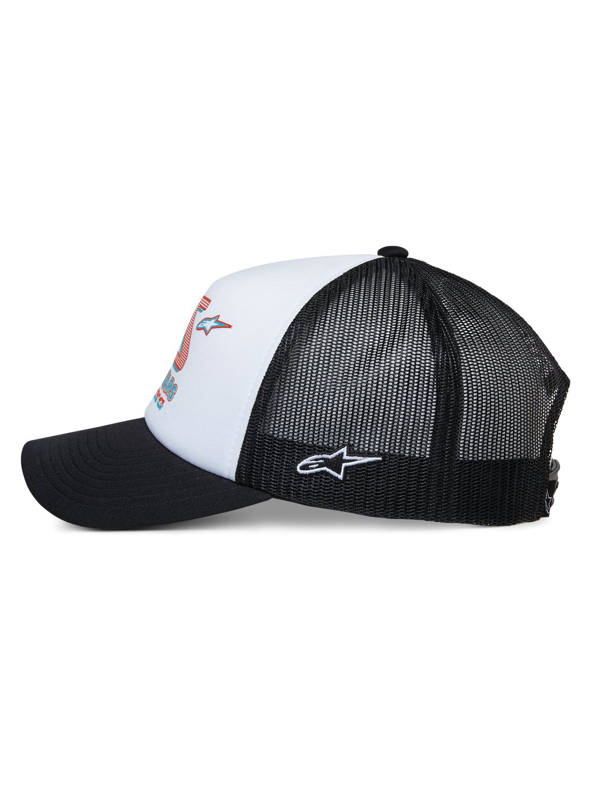 Alpinestars Ayess Trucker Hat, side view, white foam crown with colorful racing print, black curved bill, black mesh back panels with white embroidered Astar logo on the side, casual motorsport-inspired headwear