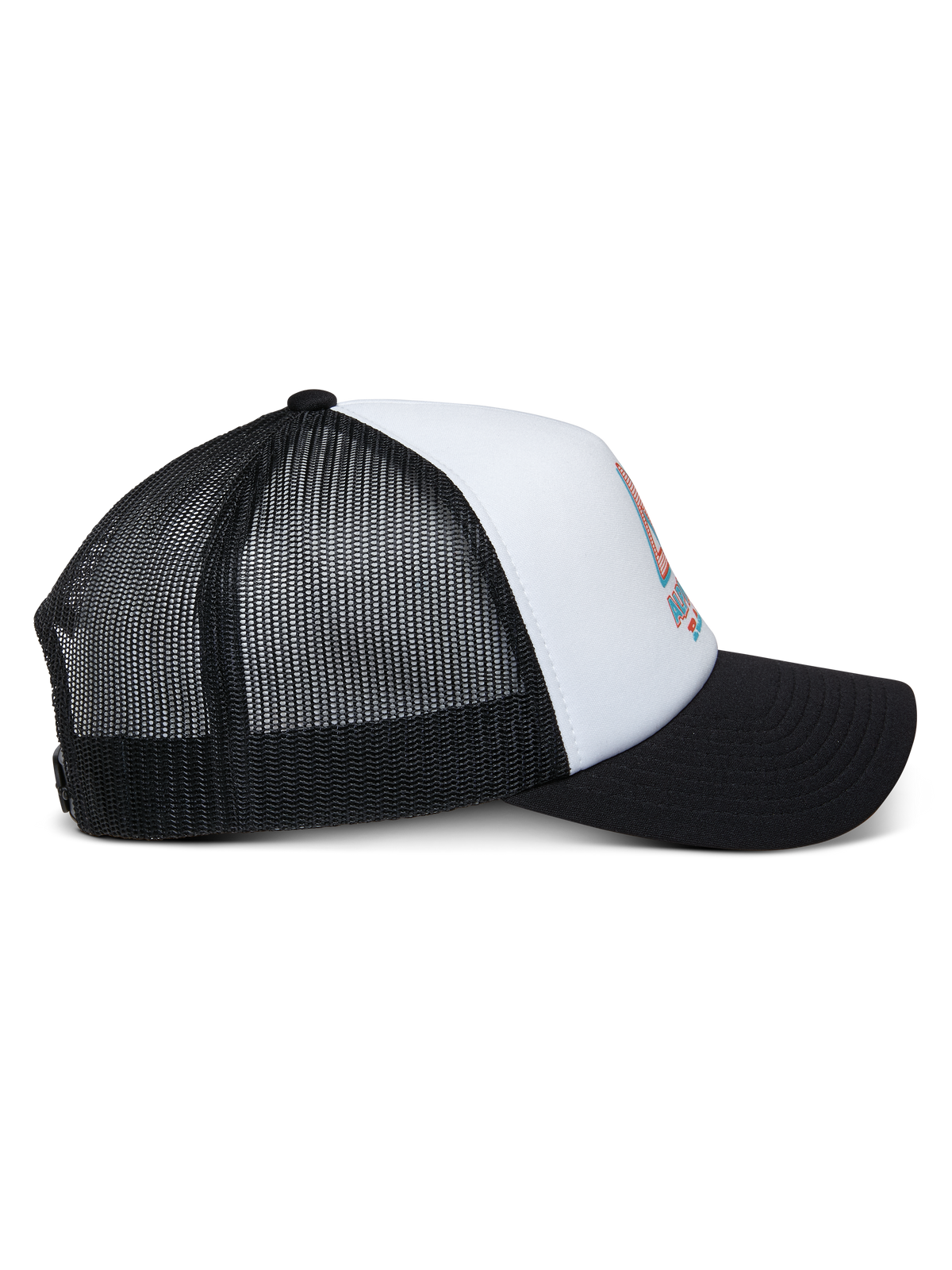 Alpinestars Ayess Trucker Hat, White and Black, side view featuring a curved black bill, white foam crown with front logo print, and breathable black mesh back, casual motorsport headwear