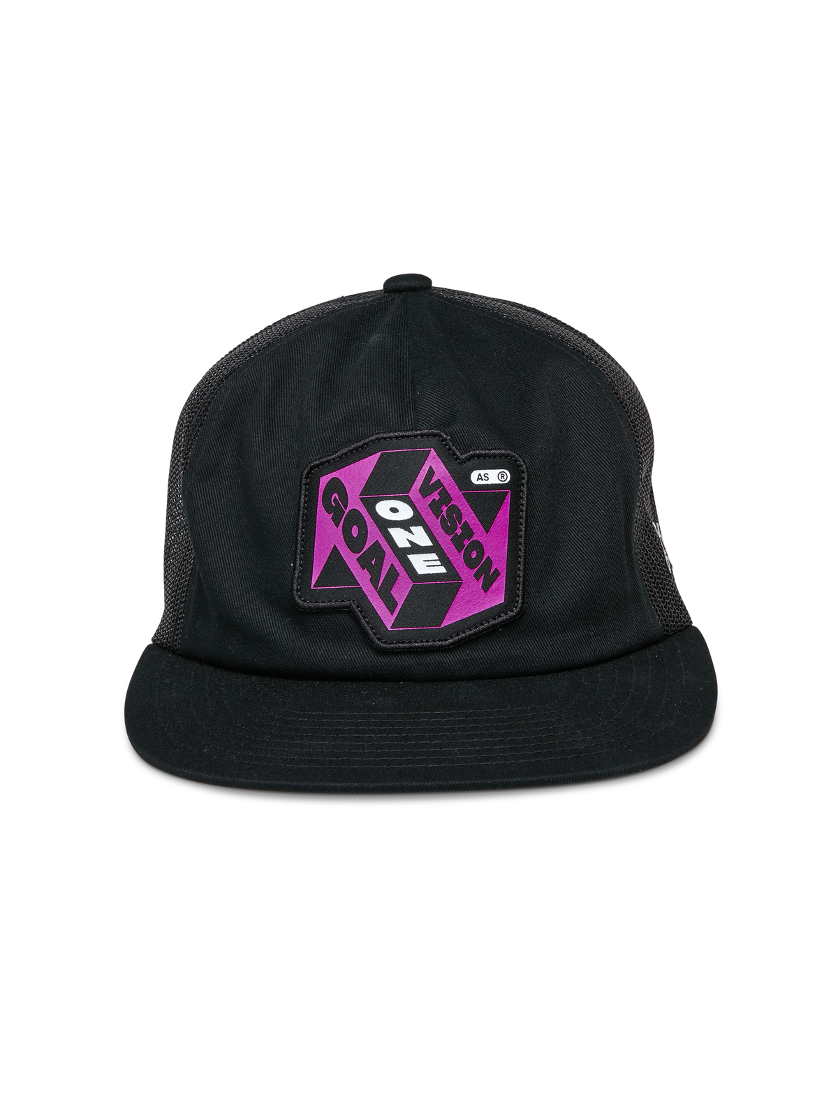 Alpinestars That Way Trucker Hat, Black Trucker Cap, features a purple and black graphic patch with "One Vision One Goal" text, flat bill, structured crown, and mesh back panels, casual motorsport-inspired headwear