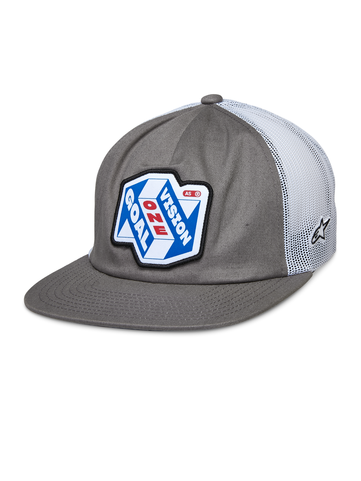 Alpinestars That Way Trucker Hat, Gray and White Snapback Cap with Mesh Back, Blue and White graphic patch featuring 'ONE GOAL VISION' in Red and White, Flat bill, small star logo on mesh, Casual Motorsport Style
