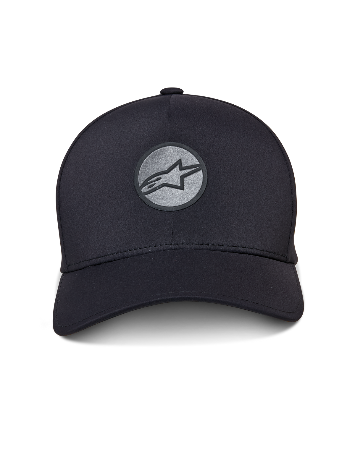 Alpinestars Apex Hat, Black Sportswear Hat, curved bill and structured crown, front reflective welded Astar logo on a circular patch, seamless construction with a modern athletic design