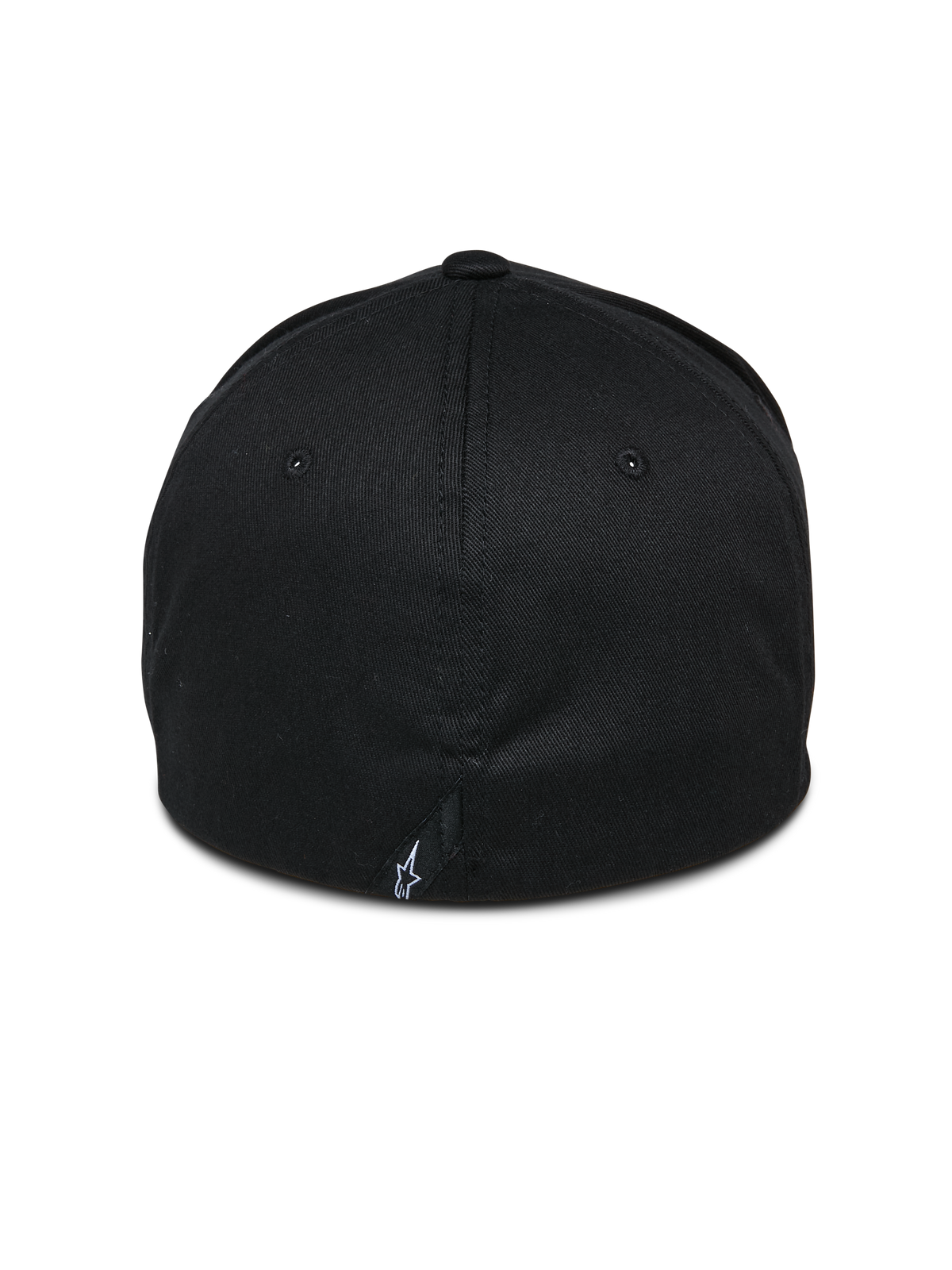 Alpinestars Share Hat, Black, back view showing closed flex-back construction, small white Astars logo on the rear seam, casual motorsport-inspired streetwear