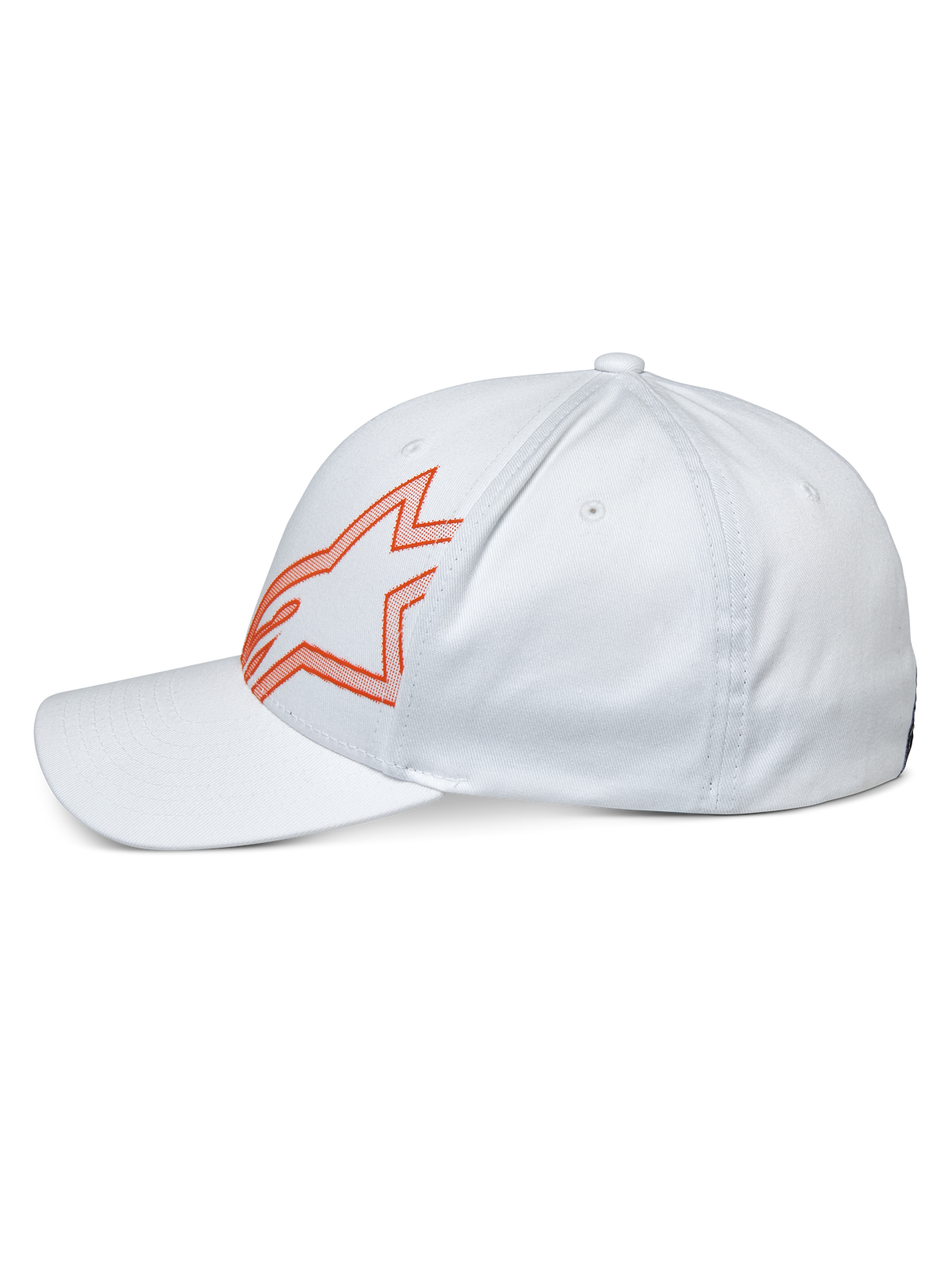 Alpinestars Share Hat, Casual White Cap, Side Profile featuring Orange Outlined Astars Logo, Curved Bill and Structured Crown, Motorsport-Inspired Streetwear