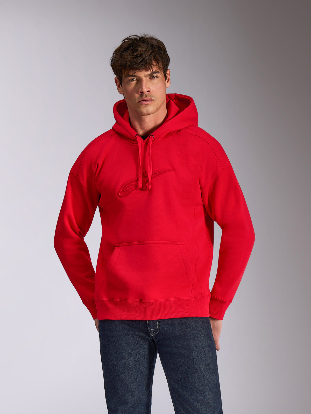 Alpinestars Emergent Oversized Hoodie, Red Pullover Hoodie, featuring tonal 3D embroidered Astars logo on chest, kangaroo pocket, oversized fit, casual motorsport-inspired streetwear