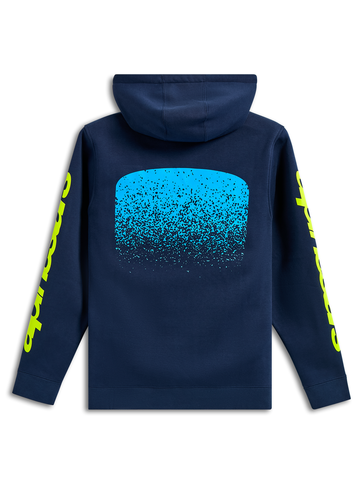 Alpinestars Obsessed Hoodie, back view, Navy blue, light blue MX gradation graphic on the back, yellow Alpinestars word logos on sleeves, casual motorsport streetwear