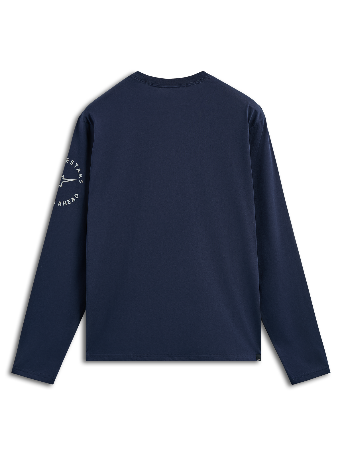 Alpinestars Mandatory CSF Tee, Long Sleeve T-Shirt, Navy Blue, back view showing white Astars circular logo on the left sleeve, casual motorsport-inspired streetwear