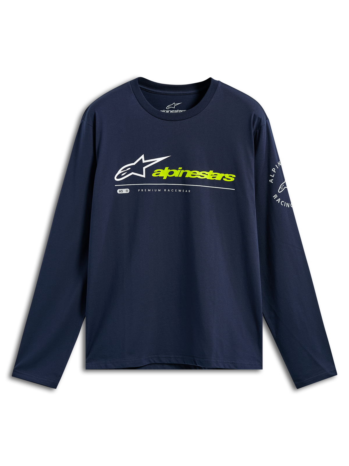Alpinestars Mandatory CSF Tee, Long Sleeve T-Shirt, Navy Blue, White Astars Logo and Neon Yellow Alpinestars Text on Front, Circular Logo on Sleeve, Casual Motorsport Sportswear