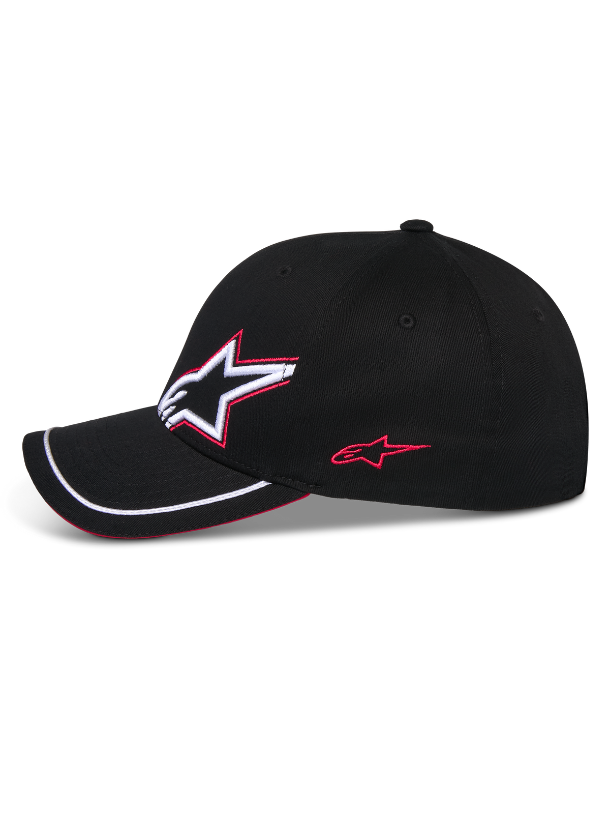 Alpinestars Corp Shift Relay Hat, Black Baseball Cap, side profile featuring 3D Astars logo embroidery in white and red, curved bill with white sutache trim and red sandwich detail, casual motorsport headwear