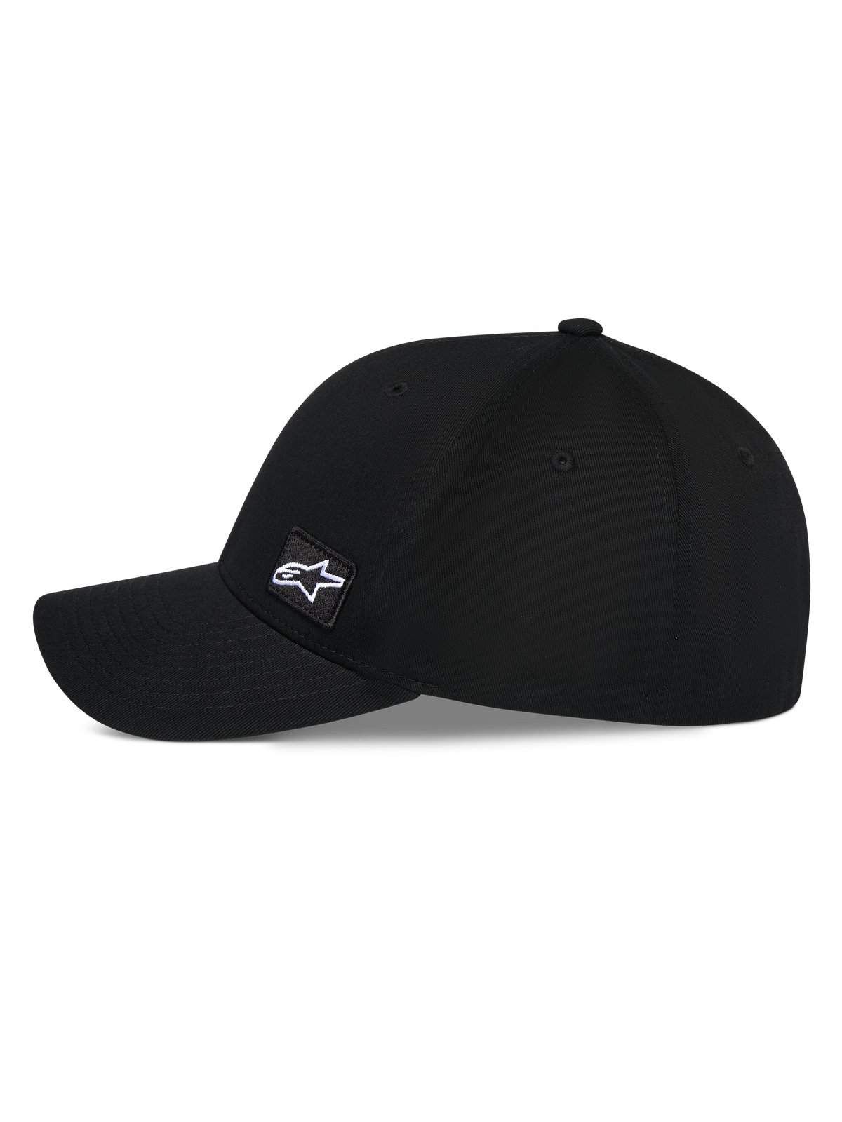 Alpinestars Pivot Hat, Black Baseball Cap, side profile view featuring a curved bill and structured crown, small embroidered square Astars logo patch on the side, casual motorsport-inspired headwear