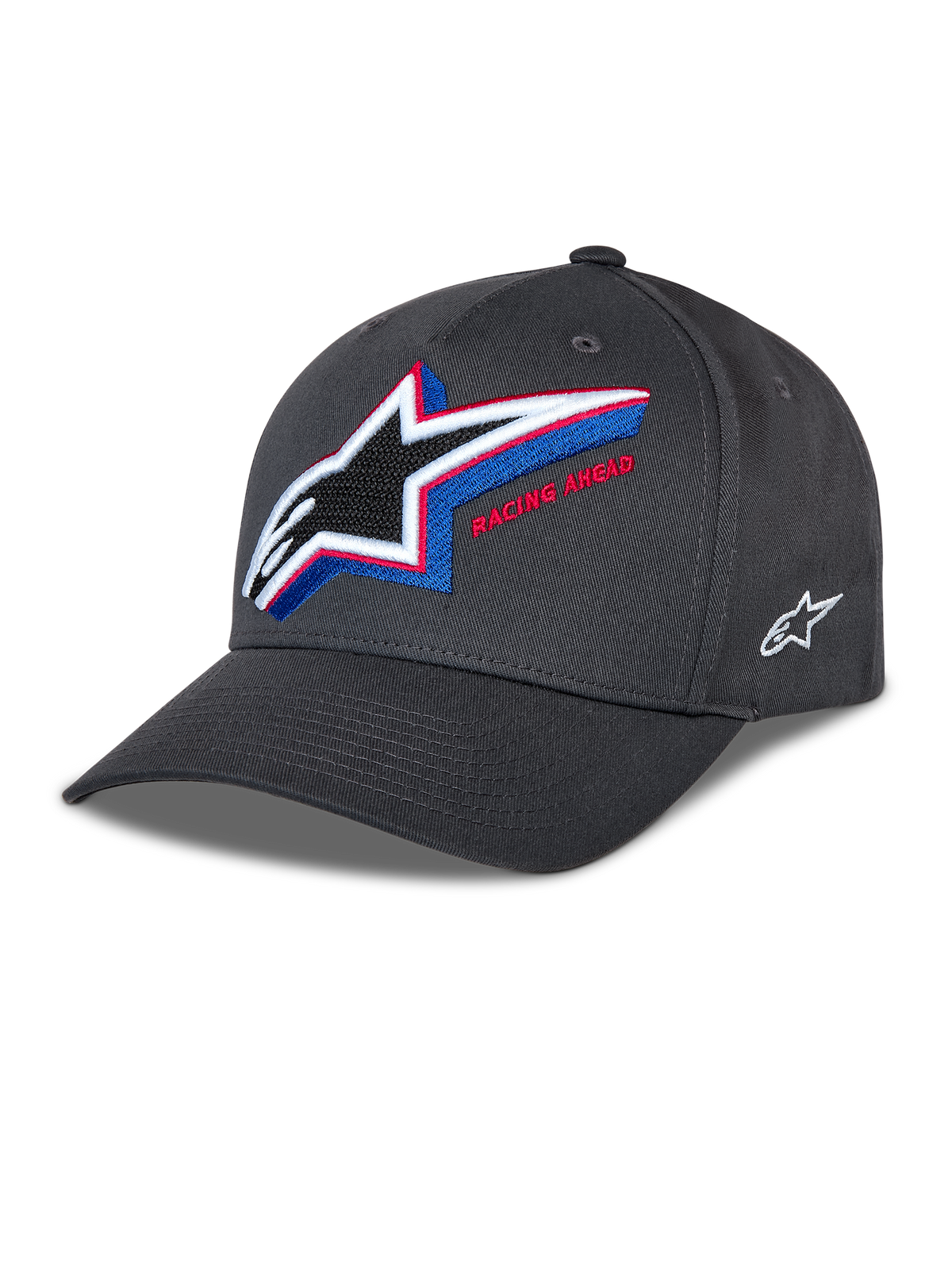 Alpinestars Lucid Snapback Hat, Charcoal Gray baseball cap, curved bill with structured crown, large multi-color embroidered Astars logo on front with 'Racing Ahead' text, small white side logo, casual motorsport style