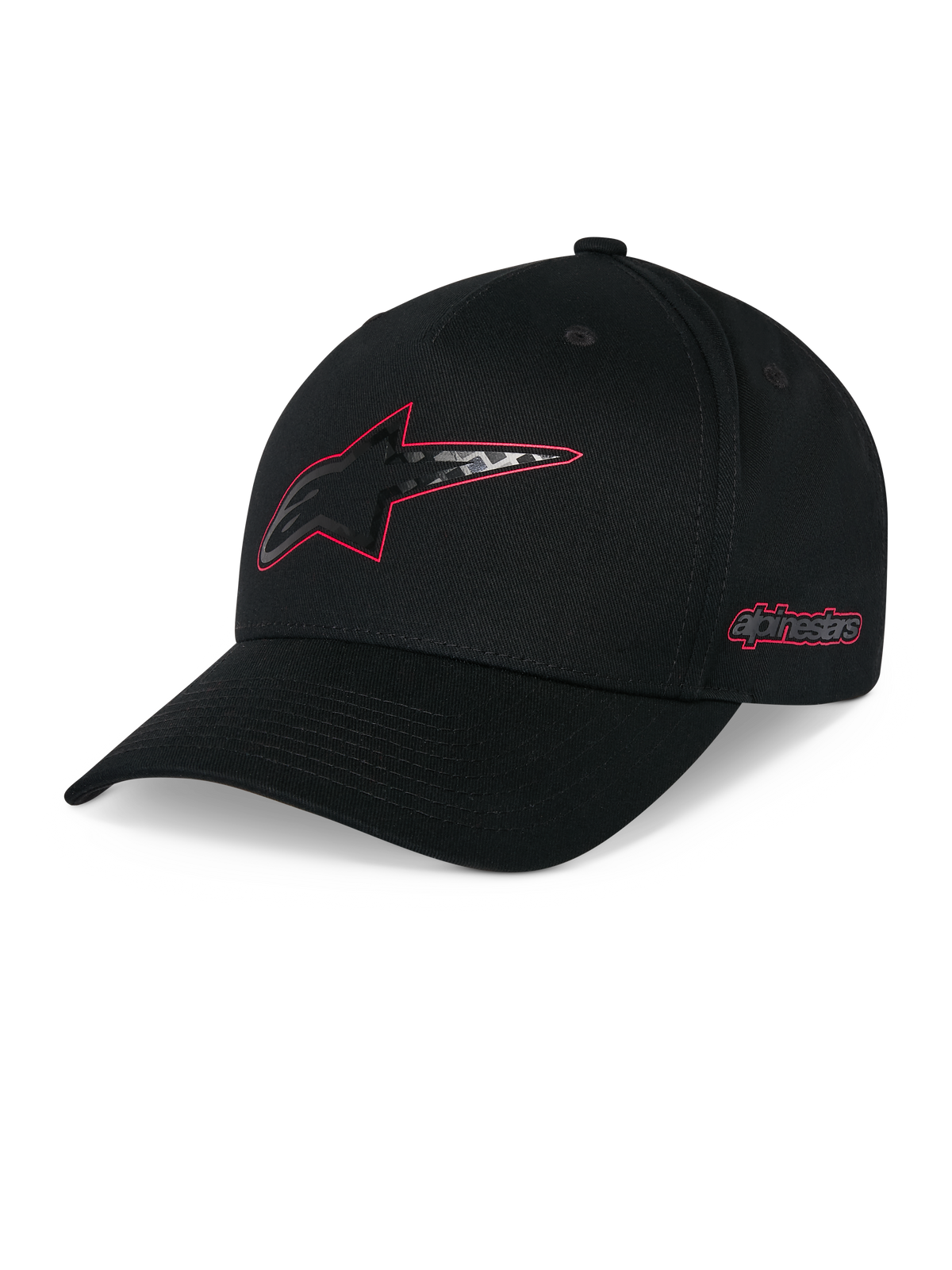 Alpinestars Carbon Fiber Snapback Hat, Black, curved bill with structured crown, front Astars logo with red outline and carbon fiber look, side Alpinestars wordmark in red, casual motorsport headwear