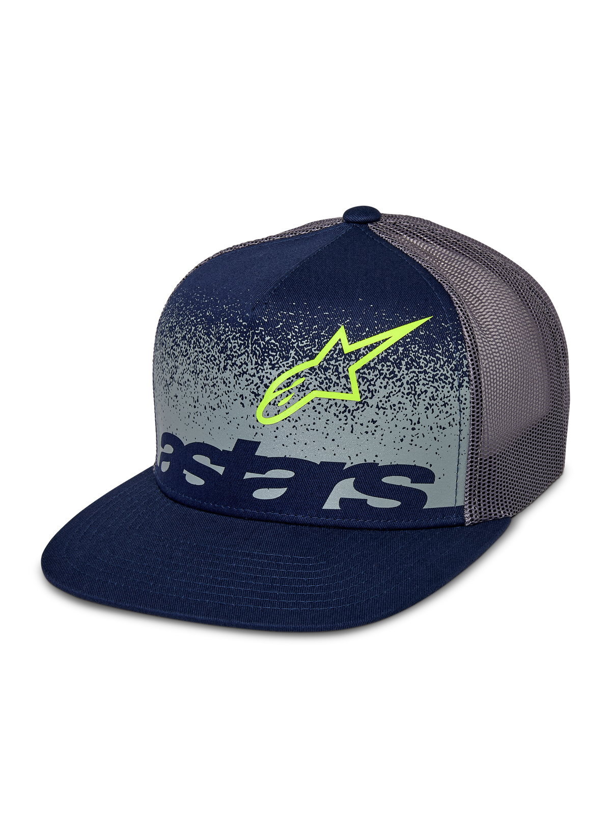 Alpinestars Component Trucker Hat, Navy and Grey, flat bill with structured crown, grey mesh back, featuring a lime green Astars logo outline and navy wordmark over a grey speckled MX gradation front panel.