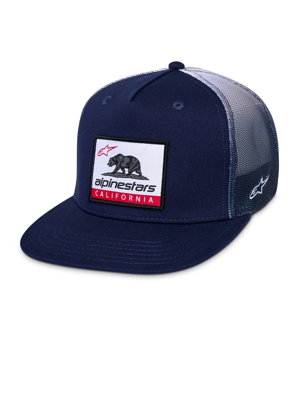 Alpinestars Cali Gradient Trucker Hat, Snapback Cap, Navy Blue and White, featuring a flat bill, California bear woven patch on front, gradient poly mesh back, and side Astars logo embroidery