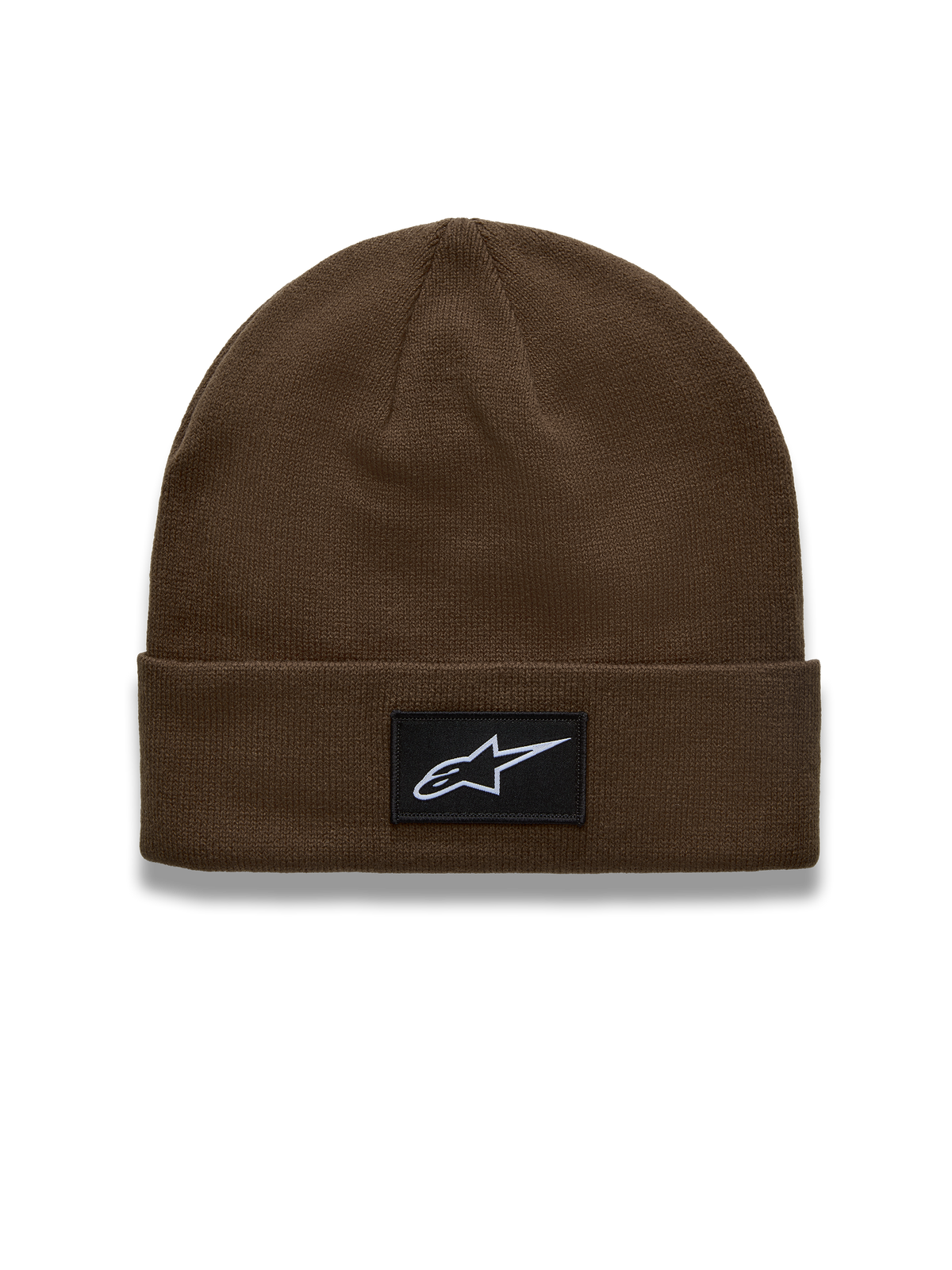 Alpinestars Augment Cuff Beanie, brown knit acrylic hat with a woven Astars logo patch and bike-chain border detail.