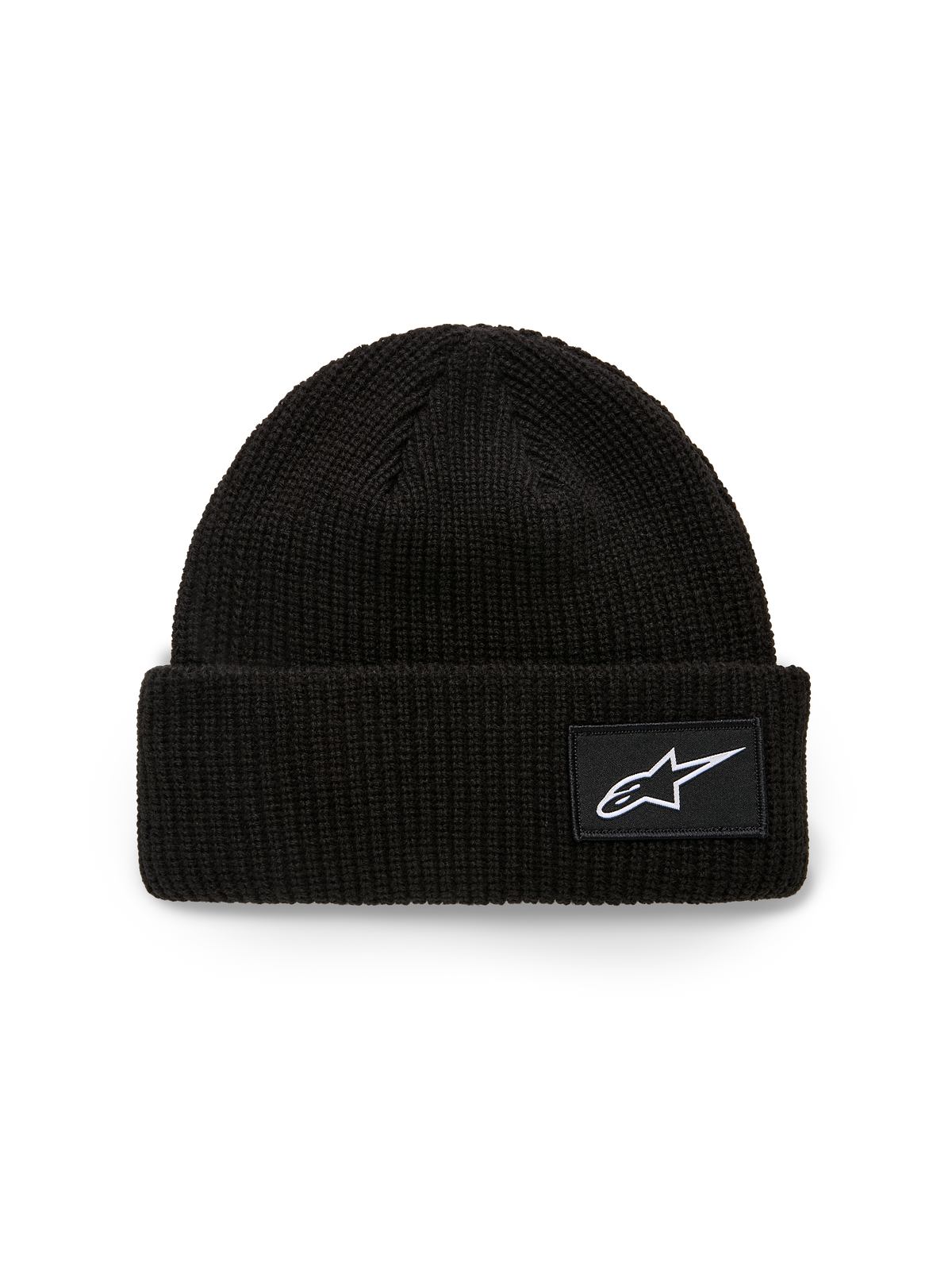 Alpinestars Unload Rib Cuff Beanie, Knit Beanie, Black, featuring a ribbed cuff with a white Astars logo woven patch, shallow fit, casual sportswear