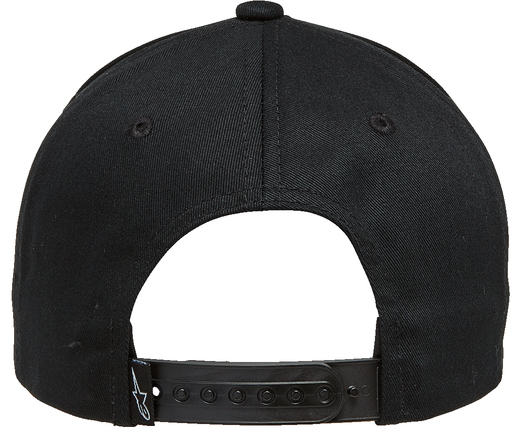 Alpinestars Rostrum Hat, Rear View, Black, Adjustable snapback closure with small white star logo, Twill fabric motorsport-inspired headwear