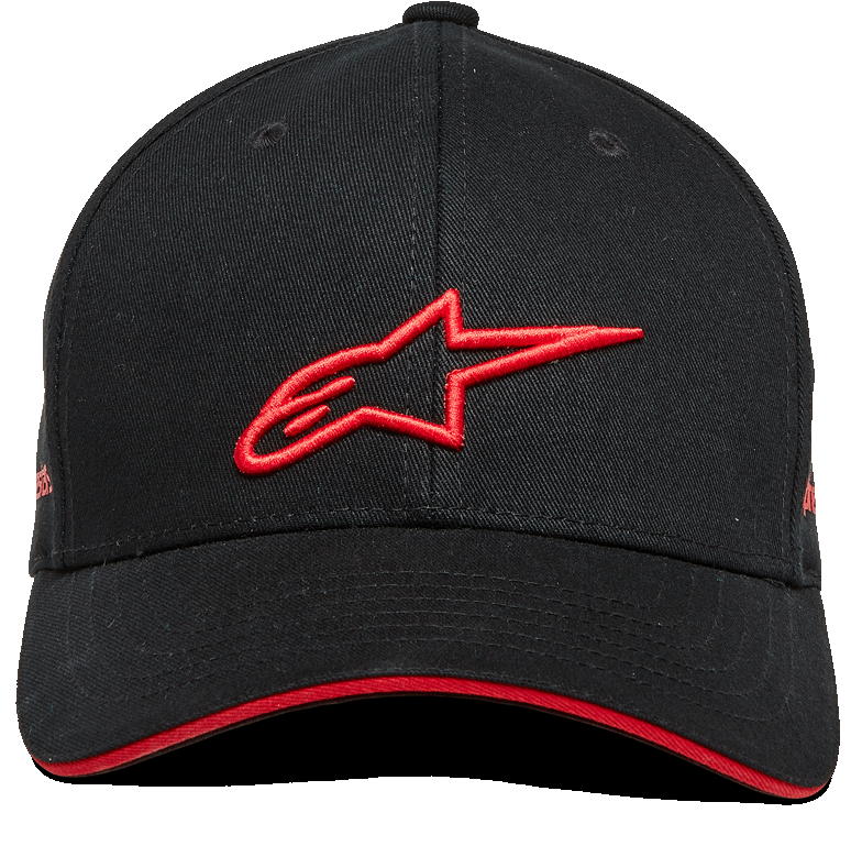 Alpinestars Rostrum Hat, Curved Bill Snapback Cap, Black and Red, 3D embroidered red A-star logo on the front, red sandwich bill edge, structured crown, twill fabric, casual motorsport headwear
