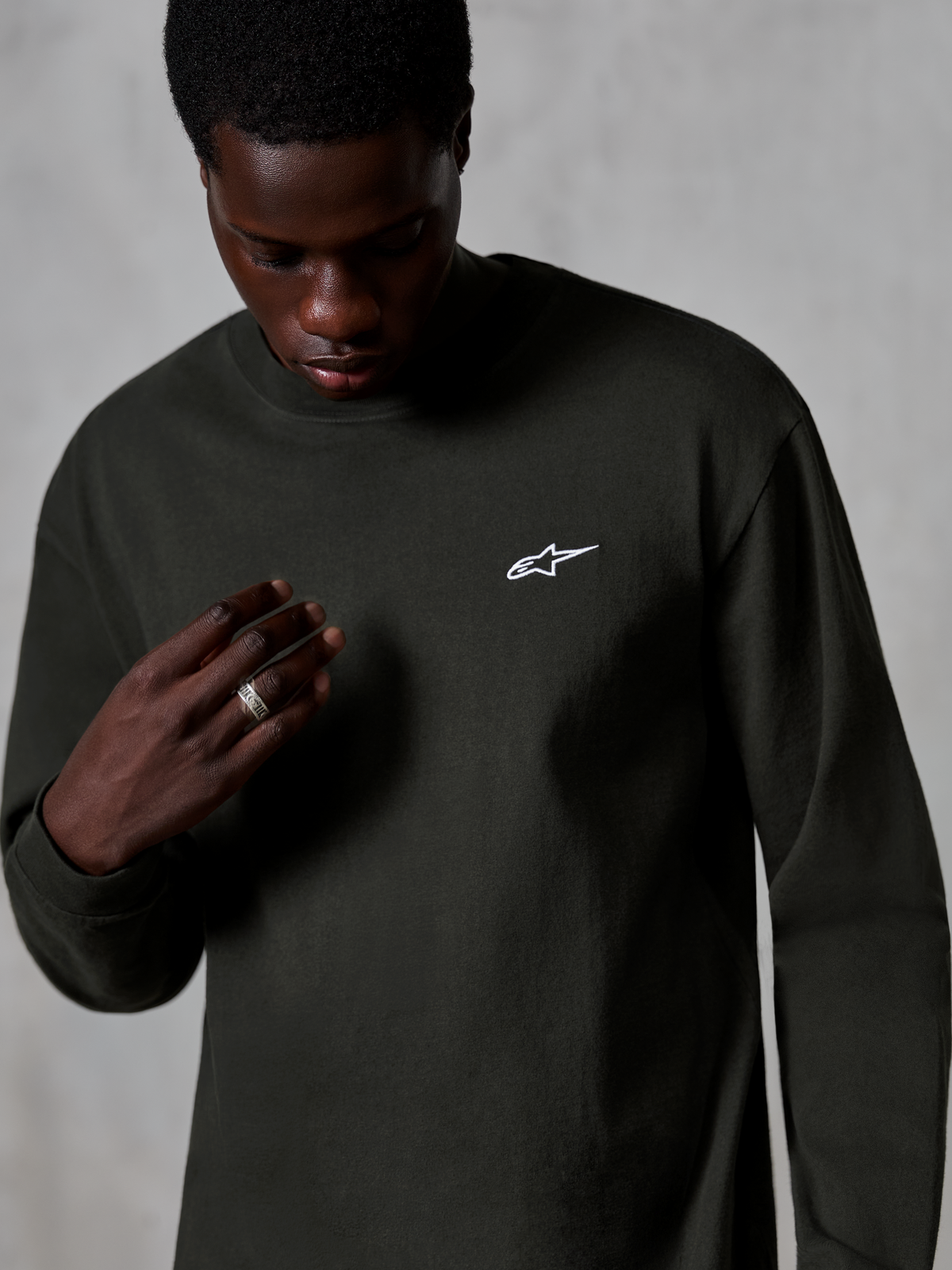 Alpinestars Essentials Ageless LS Tee, Long-Sleeve T-Shirt, Off Black, small white Alpinestars logo on chest, relaxed fit, premium organic cotton jersey with stone wash finish, casual lifestyle apparel