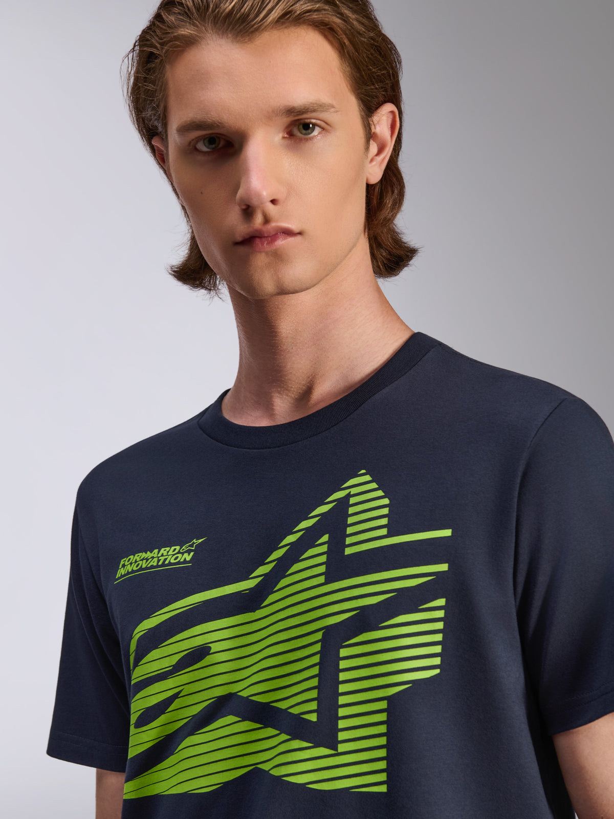Alpinestars Fasting CSF Tee, Short Sleeve T-Shirt, Navy Blue, Lime Green Geometric Star Graphic with Forward Innovation Text, Casual Motorsport Streetwear