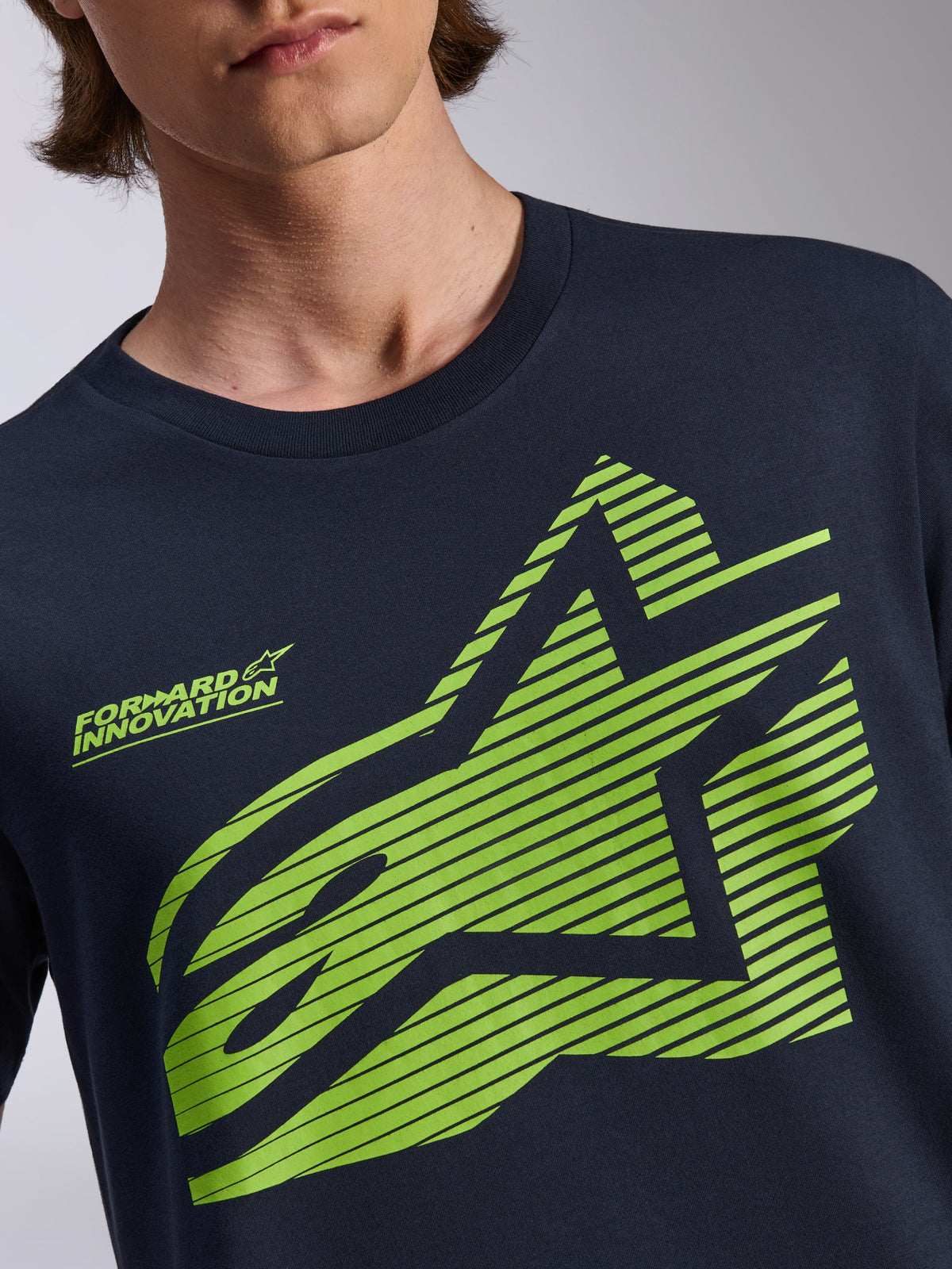 Alpinestars Fasting CSF Tee, Short Sleeve T-Shirt, Navy Blue, Lime Green Geometric Astars Logo with Horizontal Lines and 'Forward Innovation' Text, Casual Sportswear