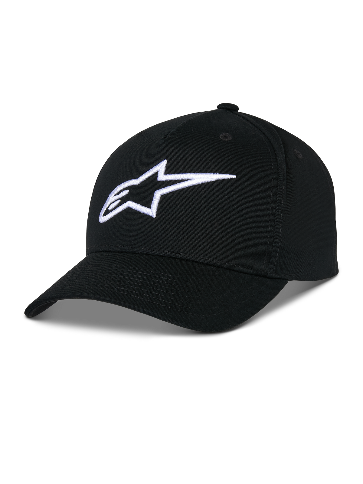Alpinestars Ageless Snapback Hat, black cotton twill cap, structured crown with curved bill, white 3D embroidered star logo, casual motorsport-inspired sportswear